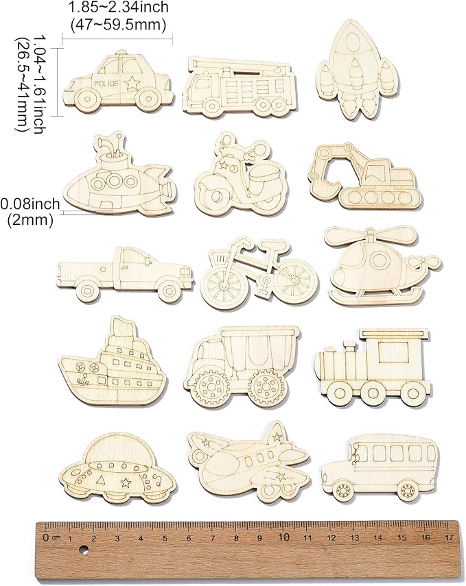 100 pcs Mixed Styles Transportation Theme Undyed Wood Cutout Charms Car Vehicle - Image 2