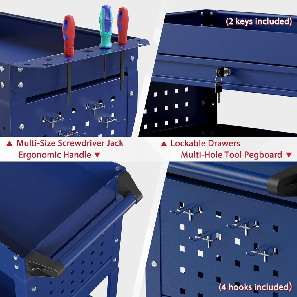3 Tier Rolling Tool Cart on Wheels, Heavy Duty Service Cart Industrial Utility Cart with Drawer and Screwdriver Rack Pegboard, 550 LBS Mobile Tool Storage Organizer for Garage, Workshop (DARKBLUE)