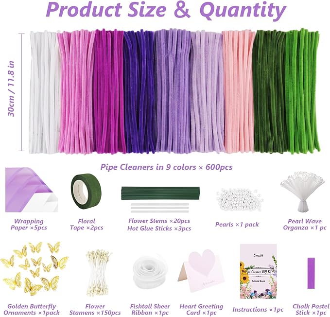 Cwczhi 600 PCS Pipe Cleaners Craft, 9 Colors Purple Pipe Cleaner Flower Kit | - Image 2