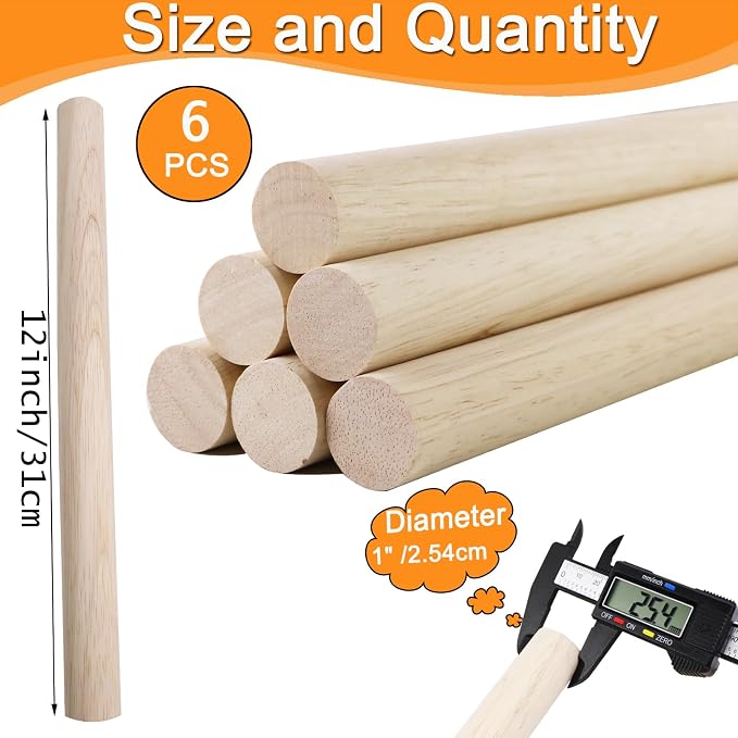 Yaliuliu 6PCS Dowel Rods Wood Sticks, 1x12 Inch Unfinished Round Wooden - Image 3