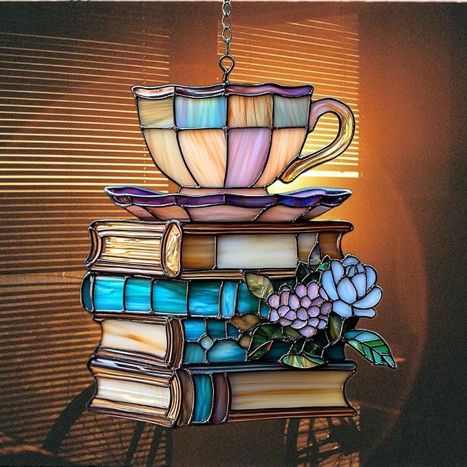 Flowers Book and Tea Acrylic Suncatcher Stained Glass Effect Window Car Hanging - Image 7