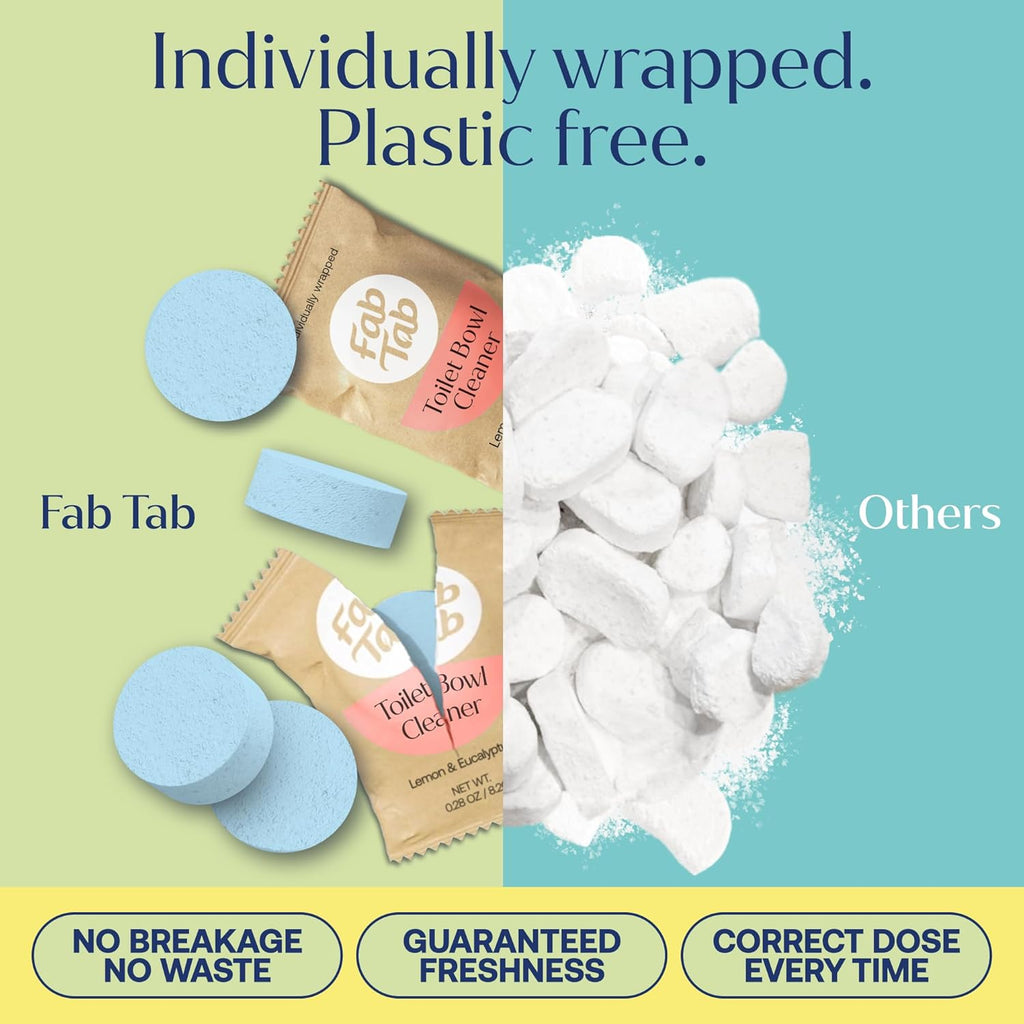 Fab Tab Bowl Cleaning Tablets - Drop-In Formula Removes Rust & Lime Buildup, Lemon Eucalyptus Scent, Septic System Compatible, Individually Wrapped