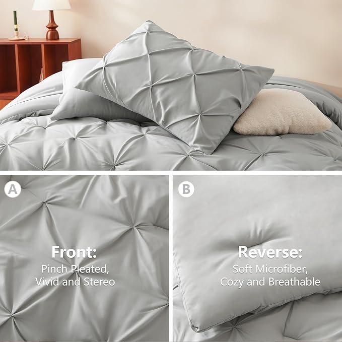 CozyLux Full Size Comforter Sets Light Grey, 7 Pieces Pintuck Bed in A Bag Gray - Image 3