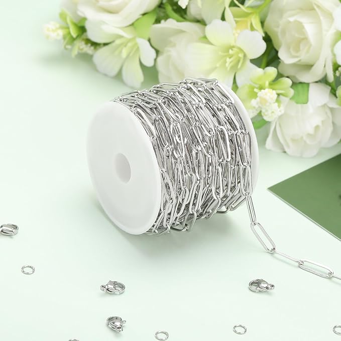 SMYHTGLIF 16.4 Feet Silver Stainless Steel Jewelry Making Chains Oval Paperclip - Image 3