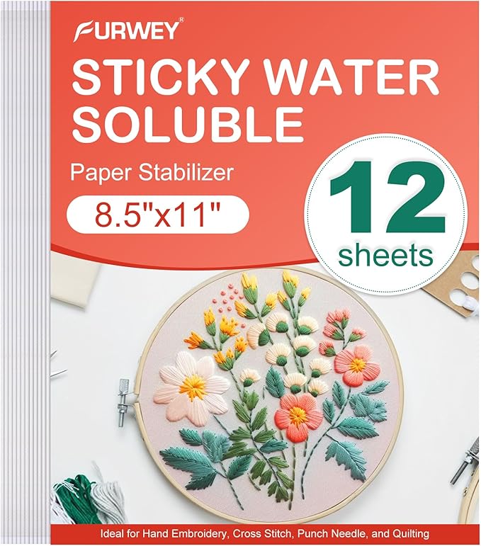 FURWEY 12PCS 8.5"x11" Wash Away Embroidery Stabilizer – Self Adhesive & by FURWEY