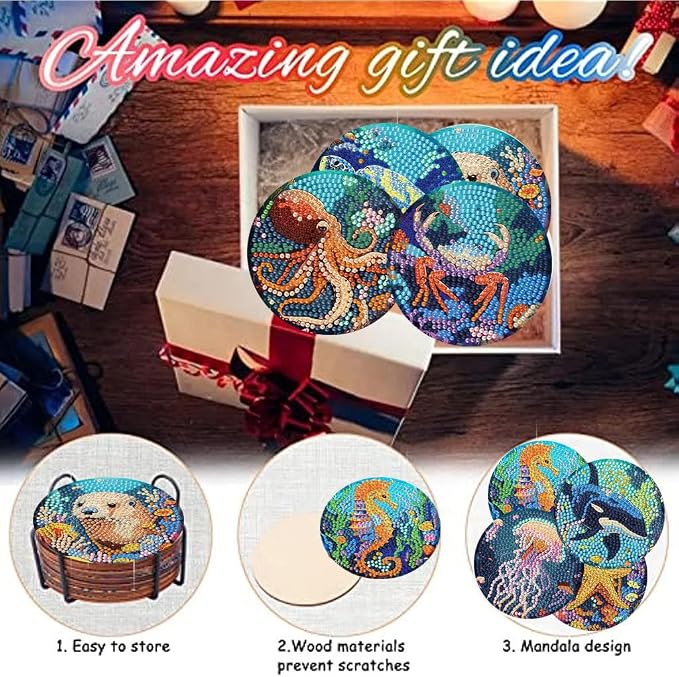 8 Pack Diamond Art Coasters, Ocean animal Diamond Painting Coasters Kits | - Image 6