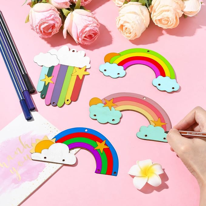 LiQunSweet 40 Pcs 4 Styles Rainbow Theme Unfinished Wood Cutout Cloud Rainbow - Image 4
