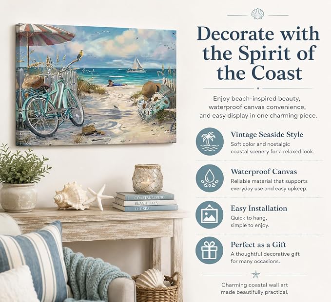 LRTNMTJ Coastal Bicycle Canvas Wall Art Beach Scene Oil Painting Print Summer - Image 7