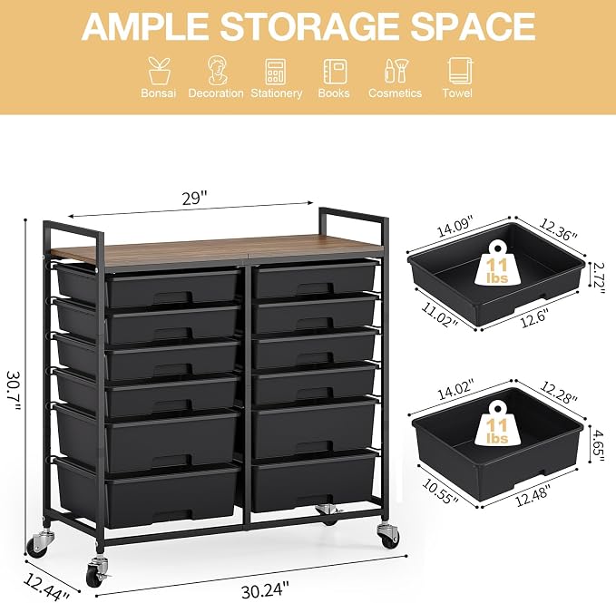 Rolling Storage Cart with 12 Drawers, Wooden Tabletop Utility Cart - Image 3