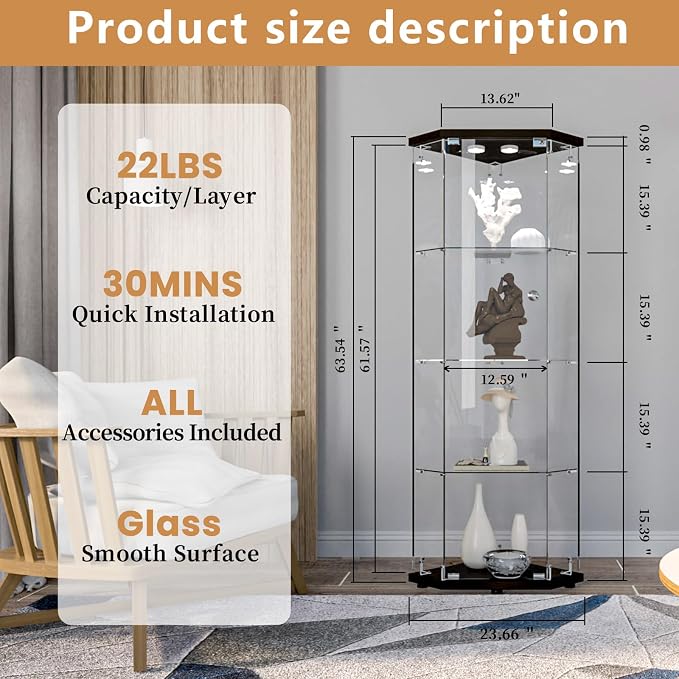 LFT HUIMEI2Y Glass Display Corner Cabinet 4-Shelf, Curio Cabinets Fast - Image 2