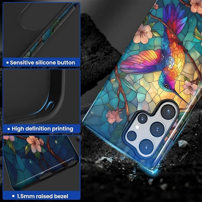 for Samsung Galaxy S23 Ultra Case, Stained Glass Hummingbird Pattern Glossy 2 - Image 3