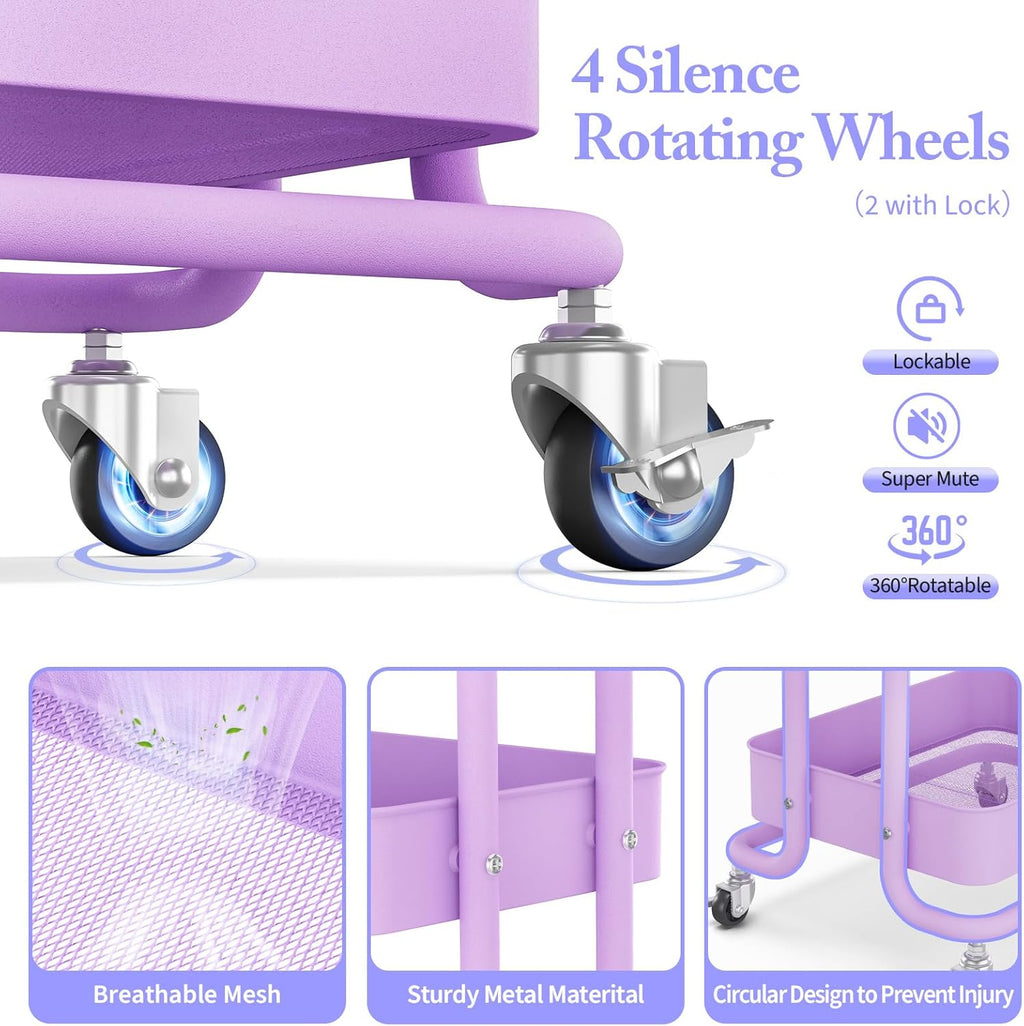 KINGRACK 3 Tier Rolling Cart, Metal Mobile Storage Shelf with Lockable Wheels, Prevent Falling Utility Trolley Cart, Storage Organizer for Kitchen, Office, Bathroom, Dorm, Purple