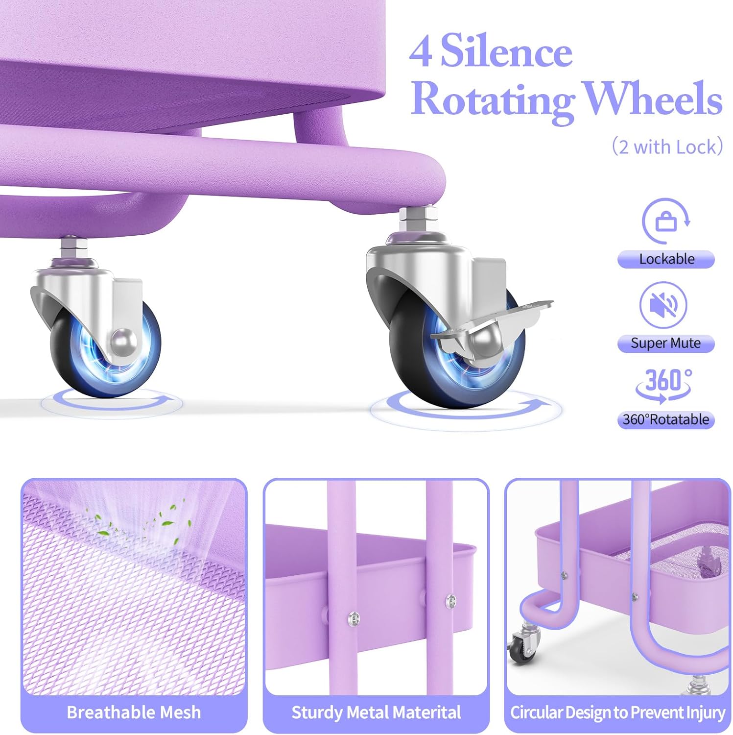 KINGRACK 3 Tier Rolling Cart, Metal Mobile Storage Shelf with Lockable Wheels, Prevent Falling Utility Trolley Cart, Storage Organizer for Kitchen, Office, Bathroom, Dorm, Purple