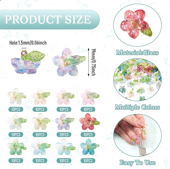 FASHEWELRY 120Pcs 12 Colors Transparent Glass Flower Charms 19mm Colorful - Image 4