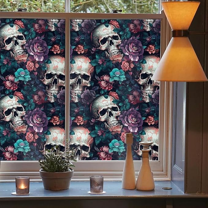 REDAMANCY Gothic Purple Flowers Skull Window Film Decorative Double-Side - Image 3