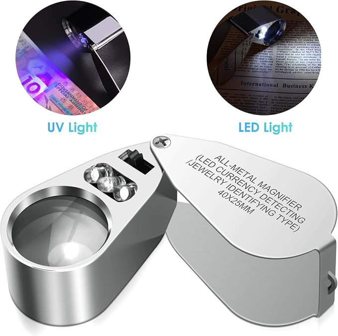 Leffis 2 Pack 40X Jewelers Loupe Magnifier Magnifying Glasses, LED/UV - Image 2