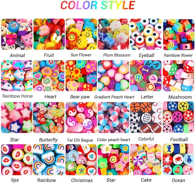 JOICEE 480PCS Fruit Flower Polymer Clay Beads, 24 Style Cute Heart Mushroom - Image 3