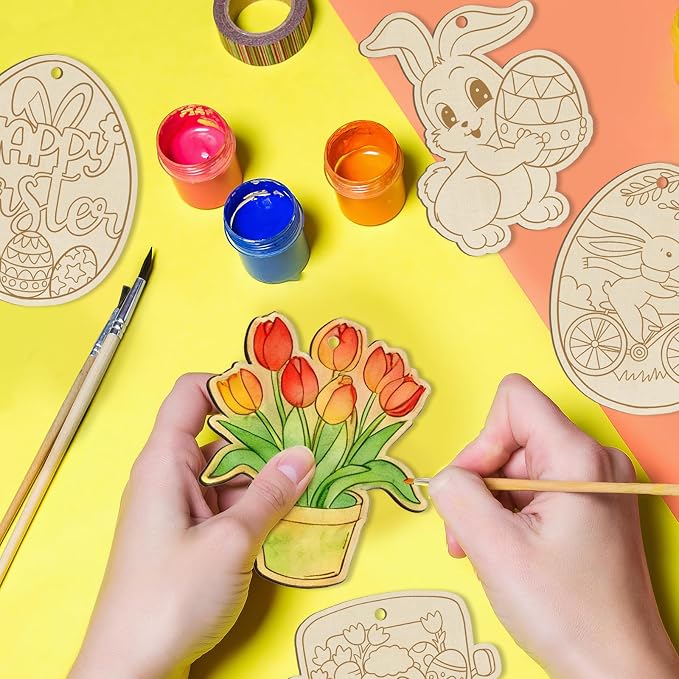 36PCS Wooden Easter Ornaments to Paint, 6 Styles DIY Blank Unfinished Wood Egg - Image 2