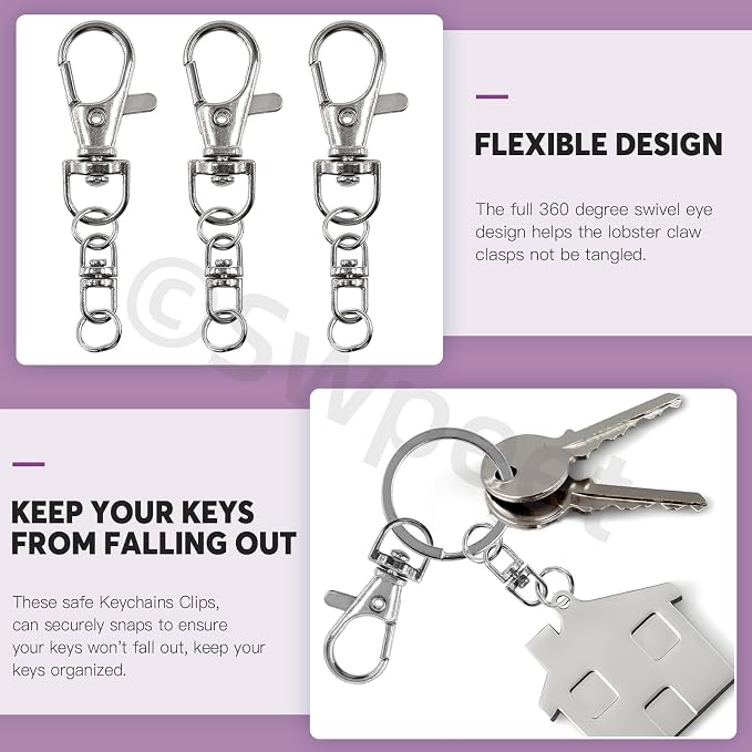 Swpeet Assorted 150Pcs Silver Keychain Making Kit, Swivel Trigger Hook - Image 5