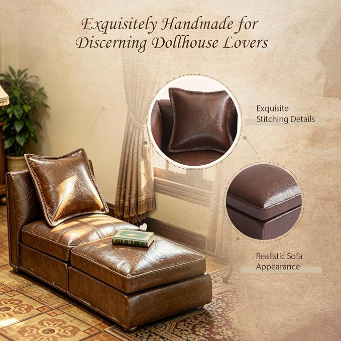 iLAND Dollhouse Furniture Sectional Dollhouse Couch Set Brown Faux Leather Sofa - Image 2