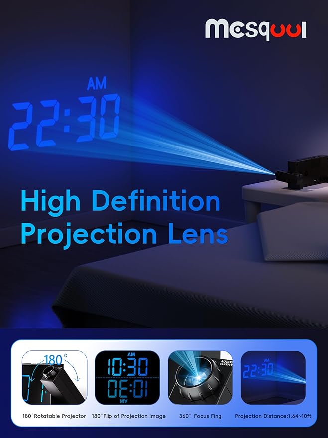 Mesqool Projection Alarm Clock, Loud Vibrating Alarm Clock - Image 3