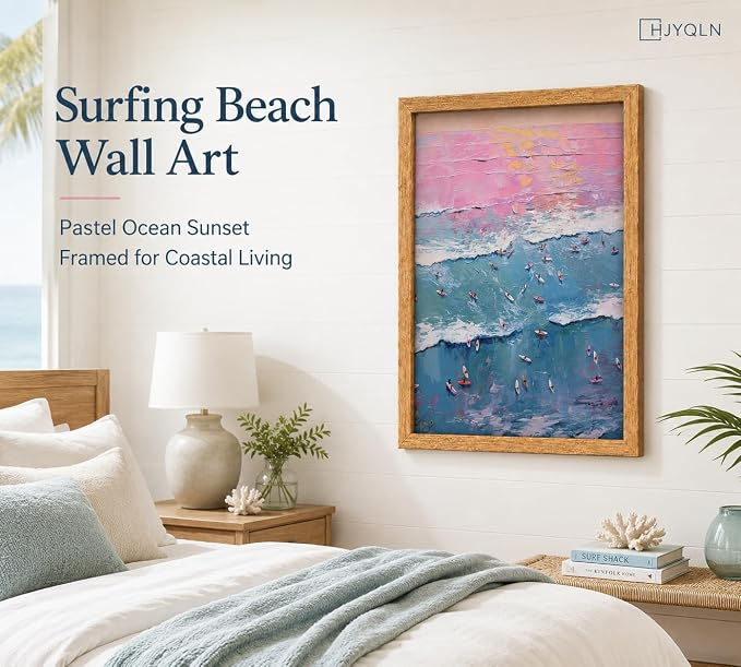 Framed Pink Beach Canvas Wall Art, Pastel Surfing Painting Picture Wall Decor - Image 2