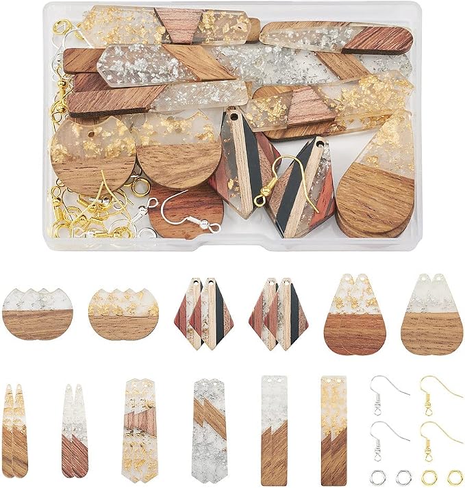 FASHEWELRY 24Pcs Gold Foil Resin Wood Earring Charms Teardrop Drop Rectangle by FASHEWELRY