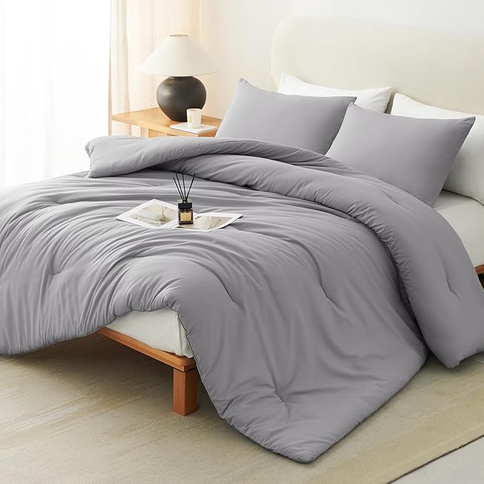 CozyLux Full Size Comforter Set Grey, 3 Pieces Solid Breathable Quilted Bedding by CozyLux