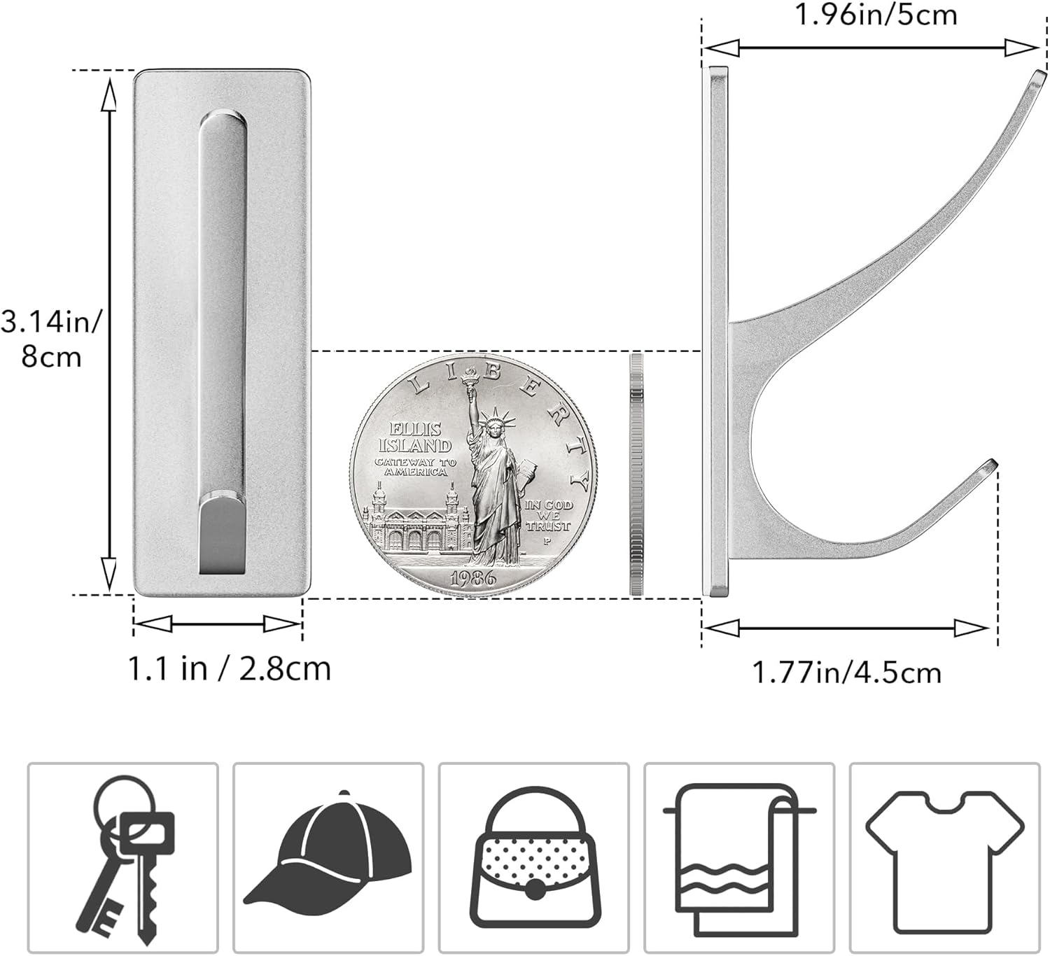 Stick on Hooks for Hanging, Extra Sticky 6KG (Max), Coat Hook on Door for Towel Coat Hat Key, Self Adhesive Hangers Wall Mounted, Silver, 6 Pack