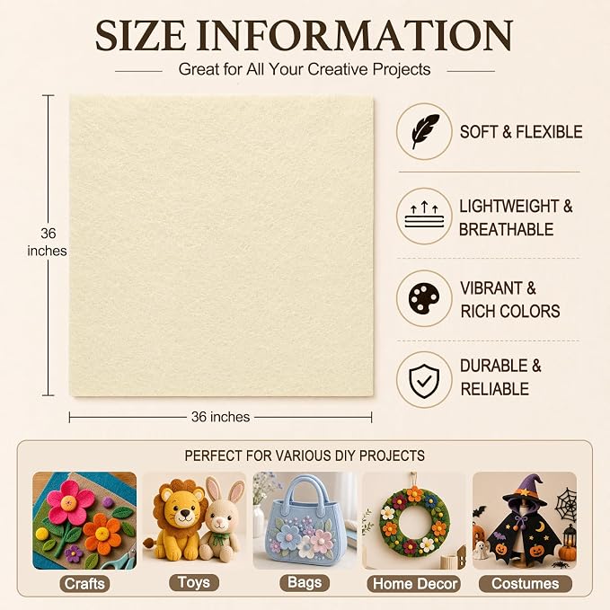 Ivory Large Felt Fabric 36" x 36", 1.4 mm Soft Felt Sheet, Nonwoven Fabric - Image 3
