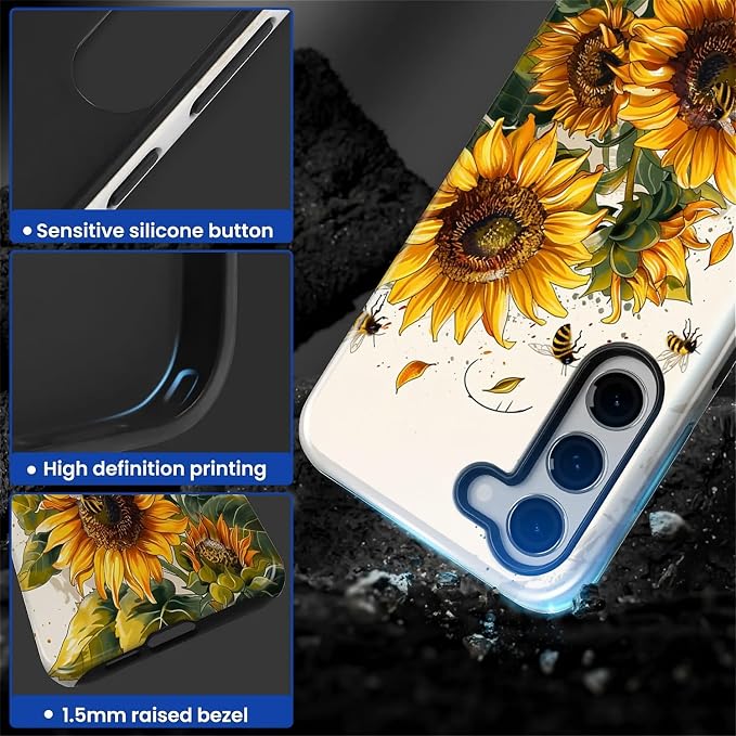 for Samsung Galaxy S23 Case, Sunflowers Bees Pattern Glossy 2 in 1 Shockproof - Image 4