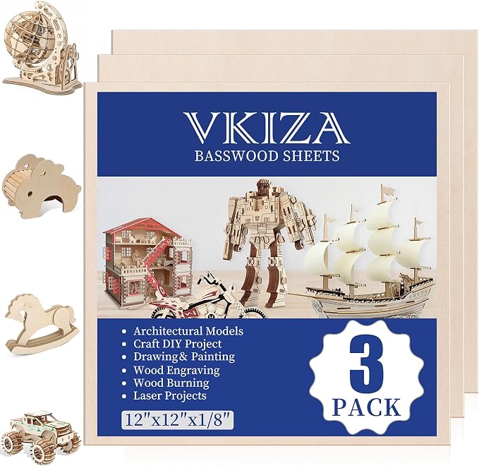 3 Pack Basswood Sheets 1/8"x12"x12", 3mm Basswood by VKIZA