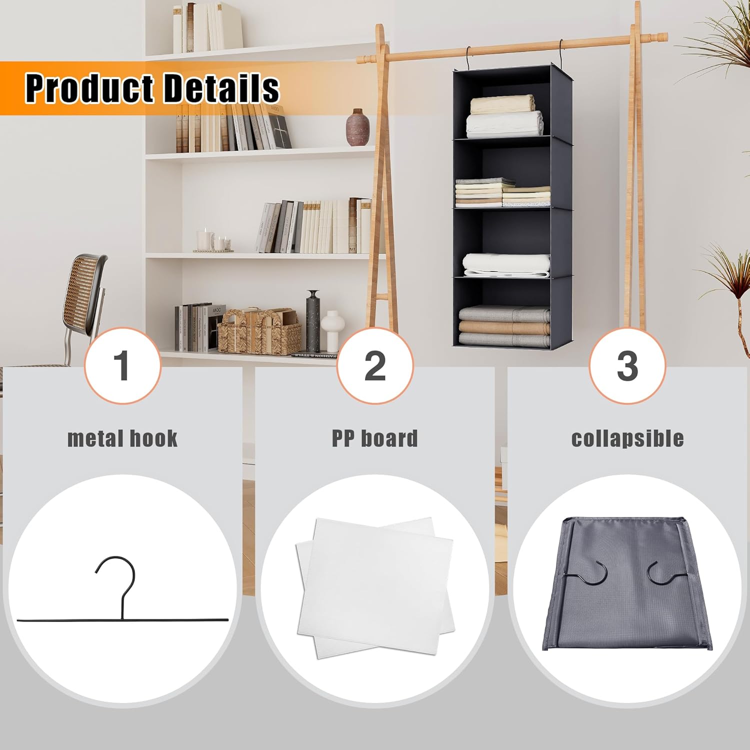 Hanging Closet Organizer, Easy Mount Foldable 4-Shelf Hanging Closet Wardrobe Storage Shelves, Clothes Handbag Shoes Accessories Storage, Washable Oxford Cloth Fabric, Dark Grey