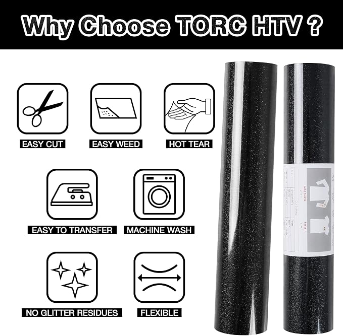 TORC Black Glitter HTV Heat Transfer Vinyl Roll 12 inch x 20 ft Iron on Vinyl - Image 4