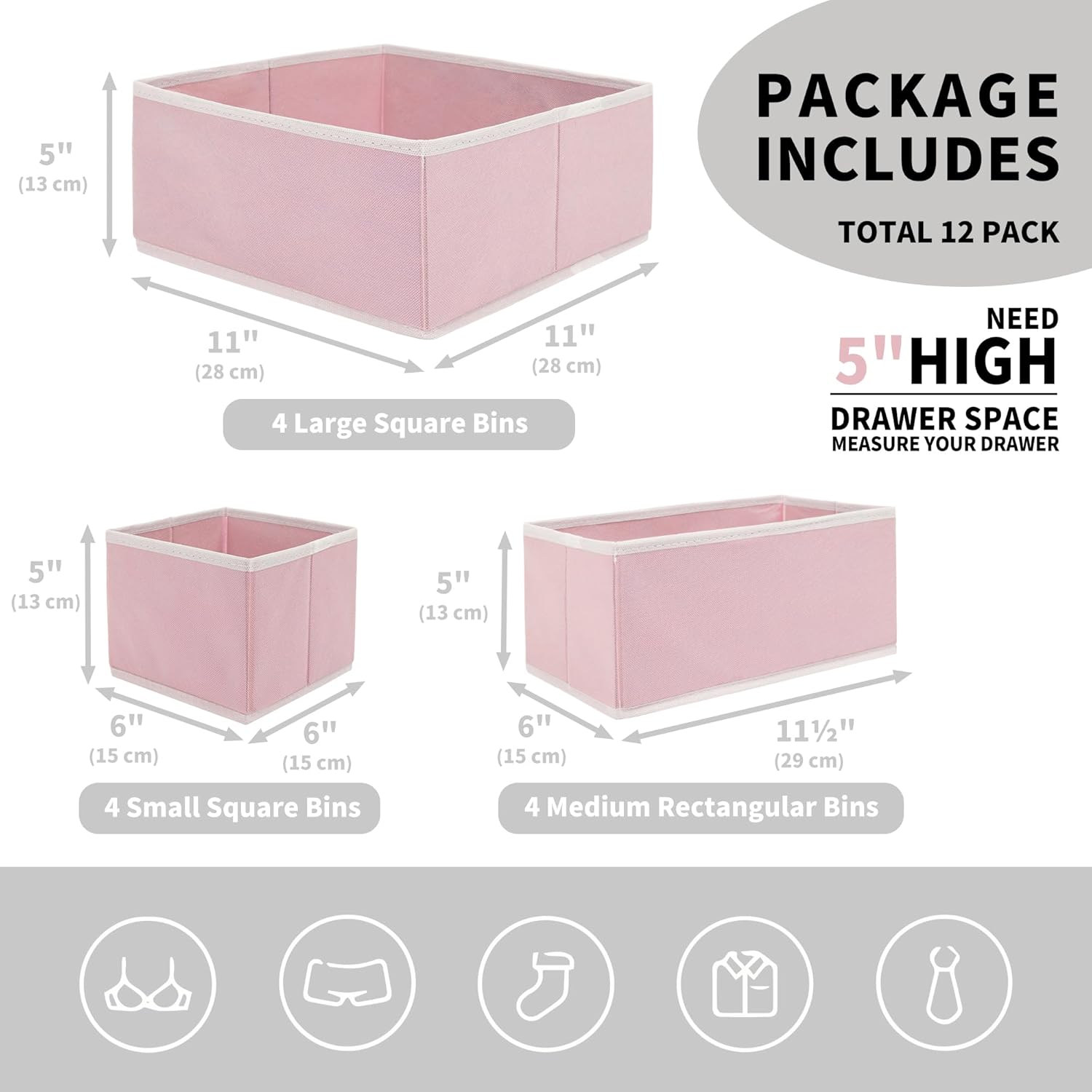 Cupic Cupid Drawer Organizer, Dresser Organizers, Foldabe Drawer Organizer Clothes, Closet Organization and Storage Dividers for Socks, Underwear and Diaper, Set of 12, Pink