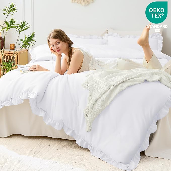 FUANNA Queen Comforter Set White 3 Pieces, Ruffle Shabby Chic Queen Bed Set - Image 3