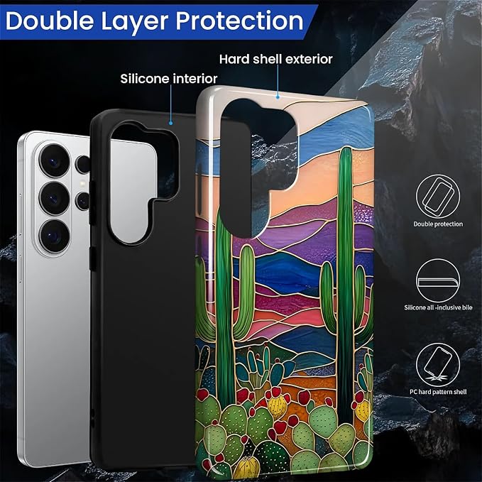 for Samsung Galaxy S26 Ultra Case, Stained Glass Cactus Pattern Glossy 2 in 1 - Image 6
