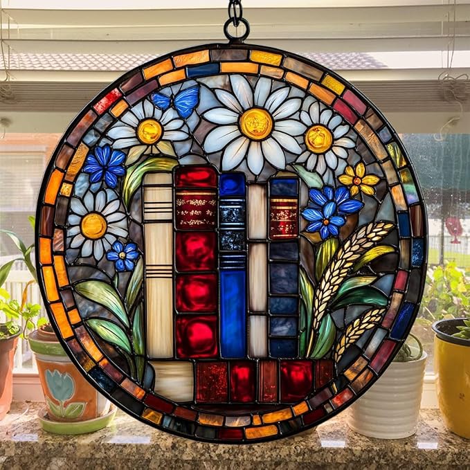 Floral Stack of Bookks Acrylic Suncatcher Stained Glass Effect Window Car - Image 4
