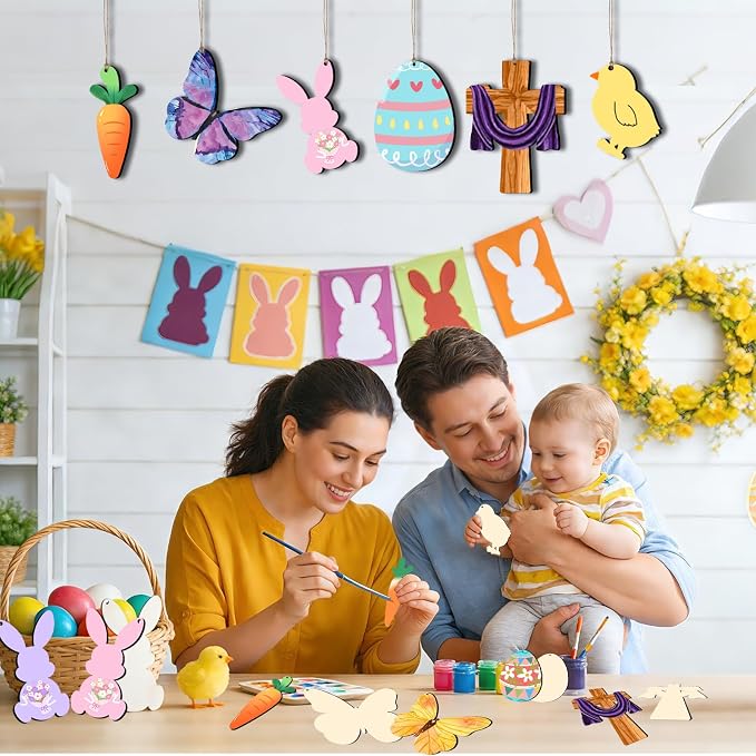 48Pcs Paintable Wooden Easter Ornaments Unfinished Wood Cutouts - Image 3
