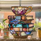 Floral Books and Tea Acrylic Suncatcher Stained Glass Effect Window Car Hanging - Image 4
