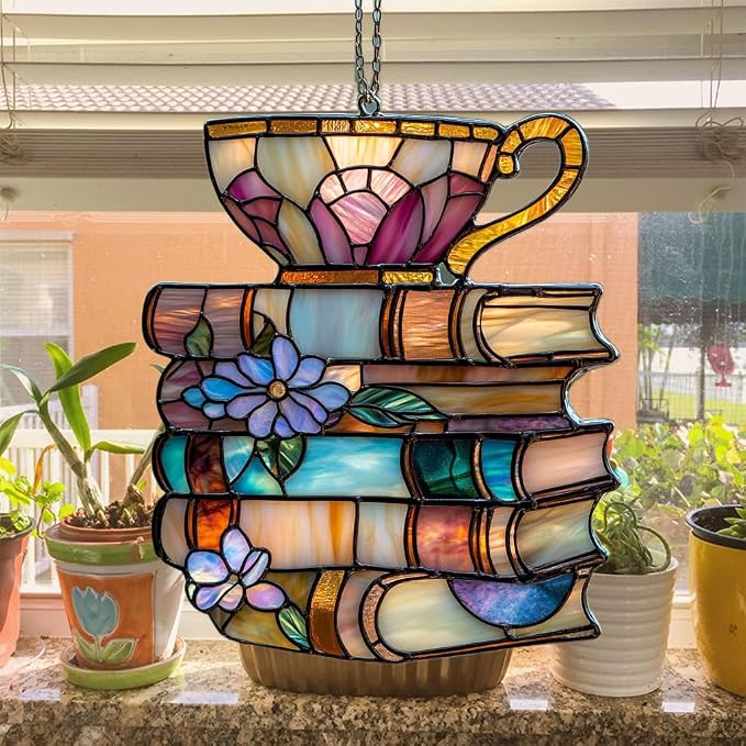 Floral Books and Tea Acrylic Suncatcher Stained Glass Effect Window Car Hanging - Image 4
