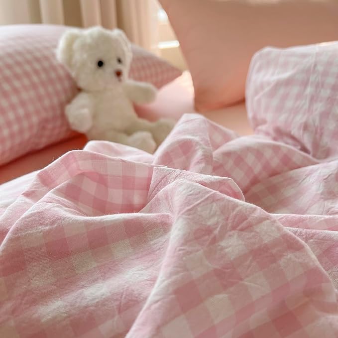 mixinni Light Pink Gingham Duvet Cover Set Twin XL Size - Image 9