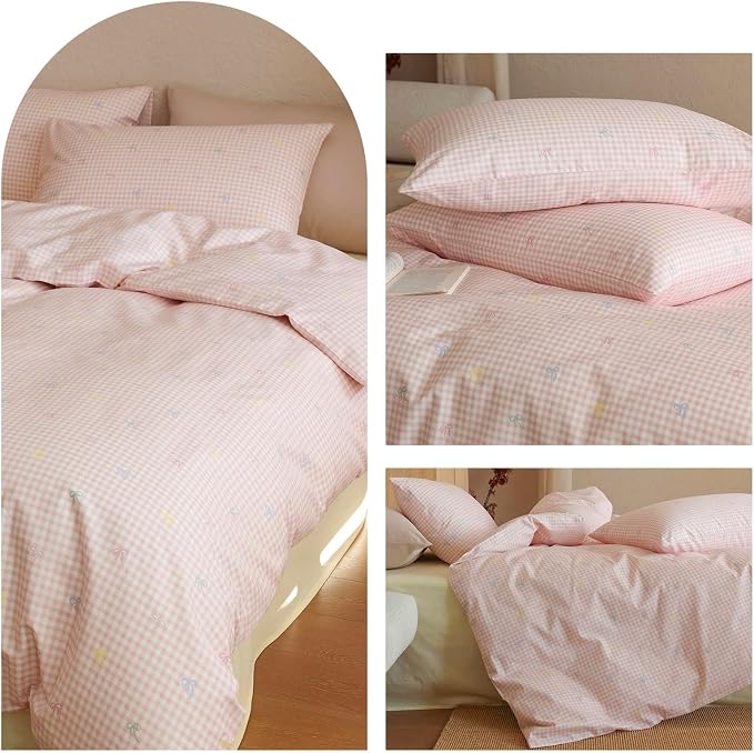 mixinni Gingham Duvet Cover Twin Size, 100% Cotton Light Pink and White Gingham - Image 7