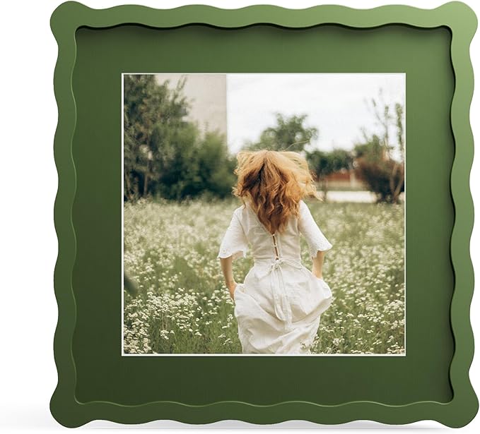 10x10 Picture Frame with Mat for 8x8, Wavy Edge Wooden Real Glass Photo Frame by THKRLOF