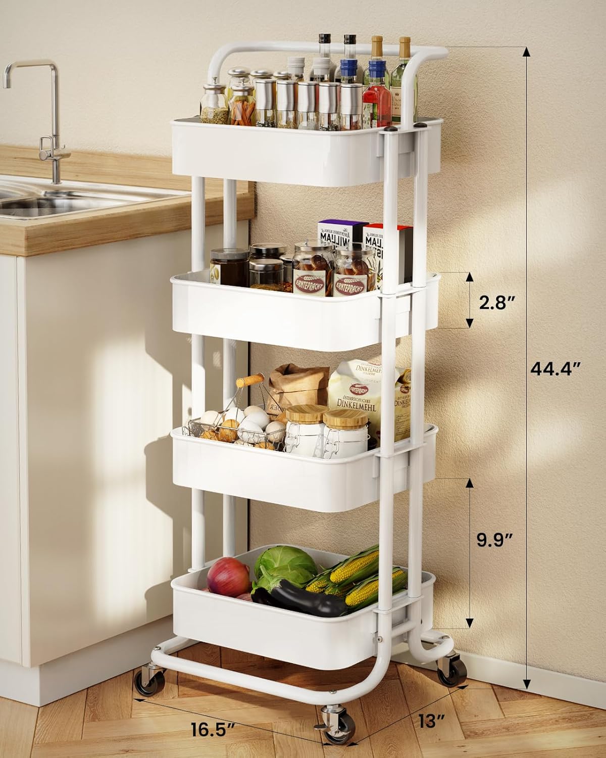 Pipishell 4 Tier Mesh Utility Cart, Rolling Metal Organization Cart with Handle and Lockable Wheels, Multifunctional Storage Shelves for Kitchen Living Room Office White, PIUC12W