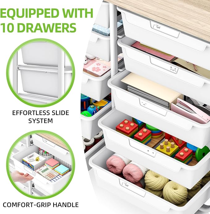 10 Drawers Rolling Cart with Wooden Tabletop, Utility Storage Cart with Wheels - Image 4