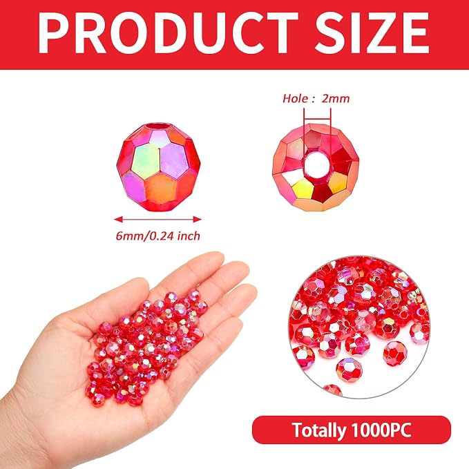 BONNY BOXX 1000pcs 6mm Acrylic Faceted Round Crystal Beads Transparent Red AB - Image 2