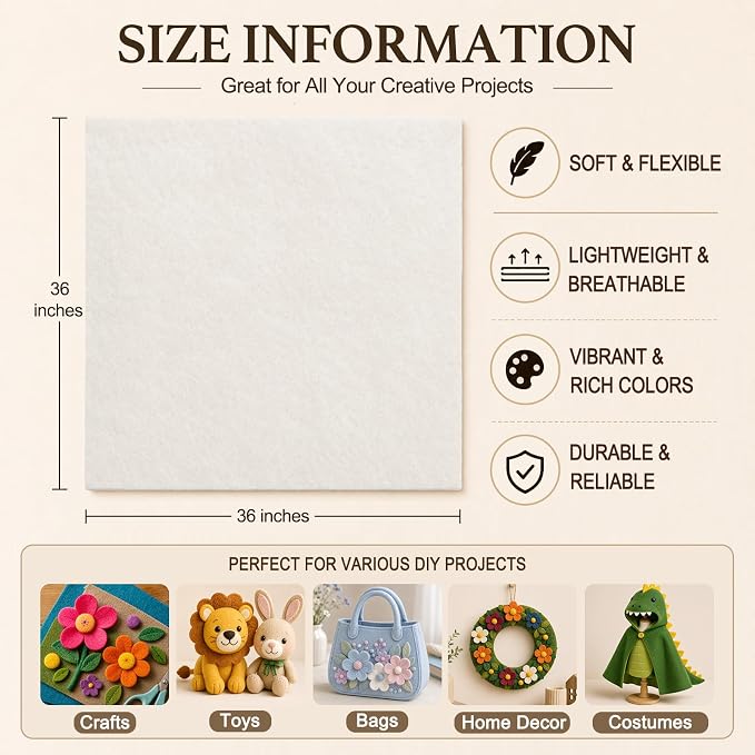 Off White Large Felt Fabric 36" x 36", 1.4 mm Soft Felt Sheet, Nonwoven Fabric - Image 3