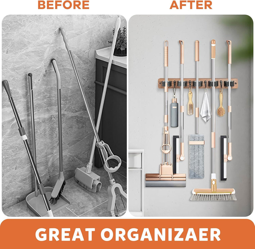 IMILLET Broom Holder Wall Mount, Rustic Wood Broom Hanger with 5 Racks and 4 Hooks, Laundry Room Organization and Storage, Mop Holder for Home Decor, Garden, Garage, Kitchen, Closet