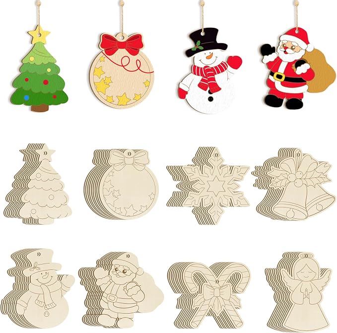 80PCS Wooden Christmas Ornaments to Paint, 8 Styles DIY Blank Unfinished Wood by Sophena